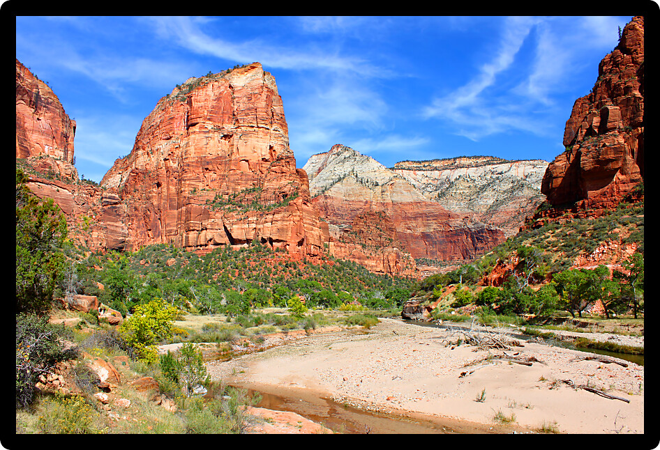 Angels Landing rises steeply from the Virgin River Canyon in Zion National Park.