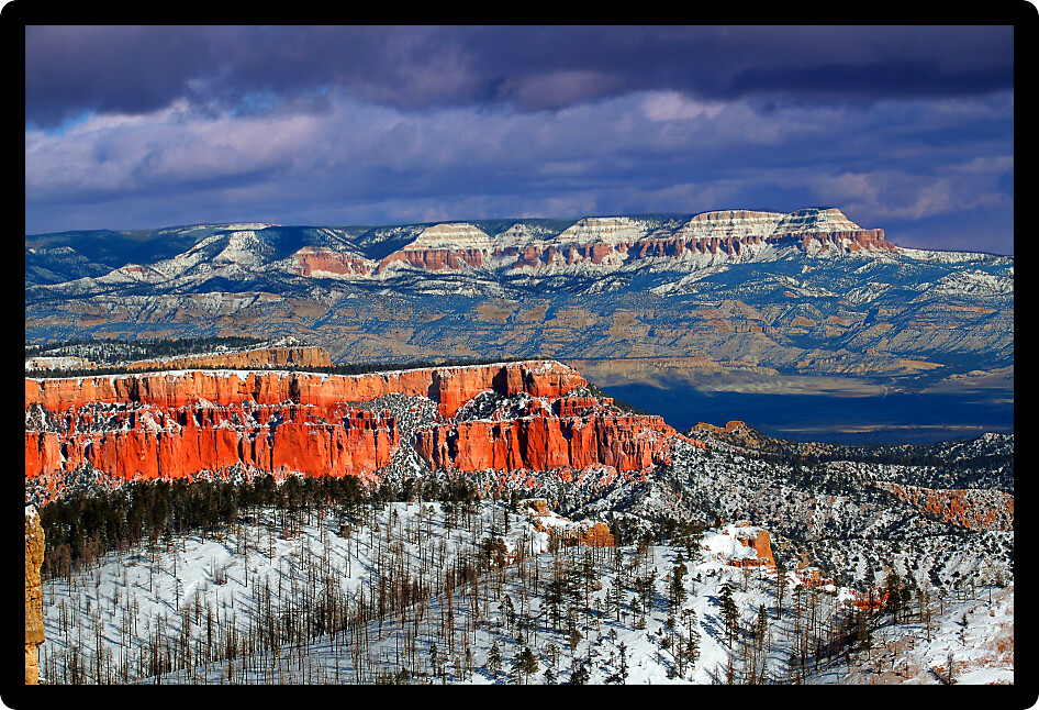 View of snow covered cliffs from Farview Point in Bryce Canyon National Park.