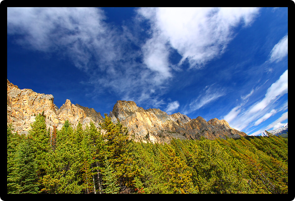 View of Castle Mountain on a gorgeous sunny day in Banff National Park.