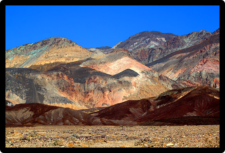 Varied hues of rock on the mountains of Death Valley National Park.