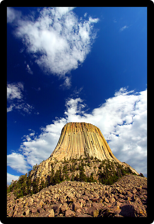 Devils Tower National Monument rises into the big skies of Wyoming.