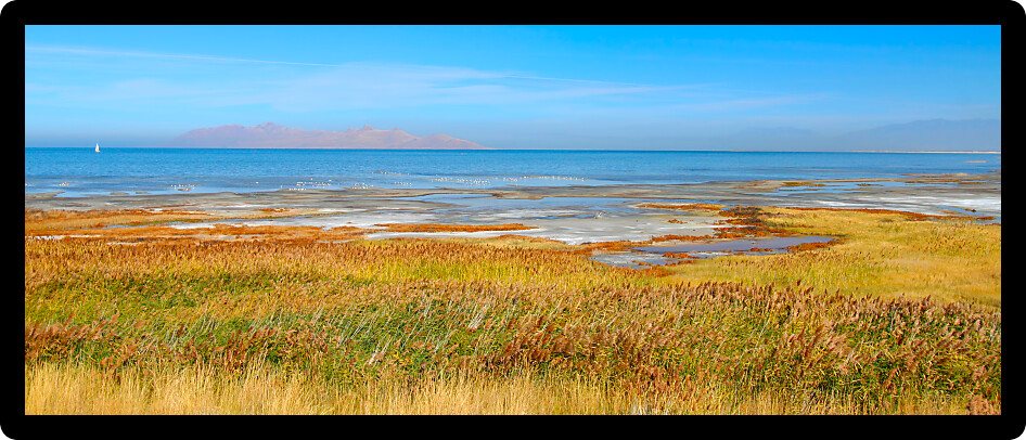 Panoramic landscape at Great Salt Lake State Park in northern Utah.