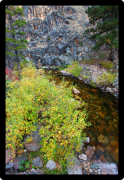 Stream ripples through rocky cliffs in the Lewis and Clark National Forest of Montana.