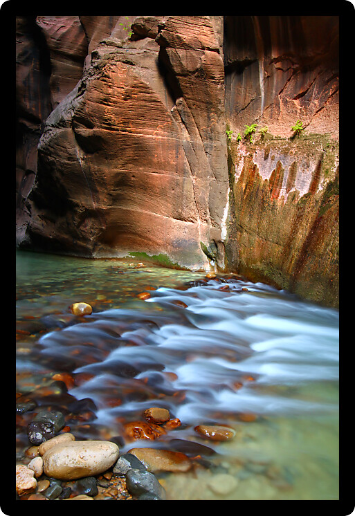 Virgin River flows through The Narrows of Zion National Park in southwestern Utah.