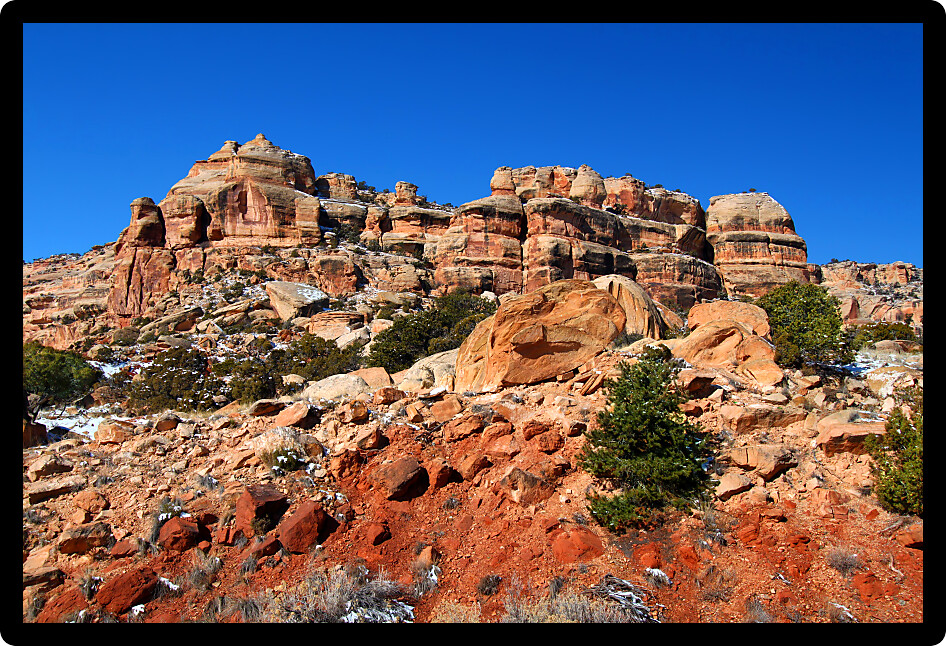 Rugged rocky scenery of Colorado National Monument on a winter day.